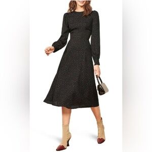 Reformation Josephine Black Sheath Midi Dress with Red Polka Dots Size Women’s 4